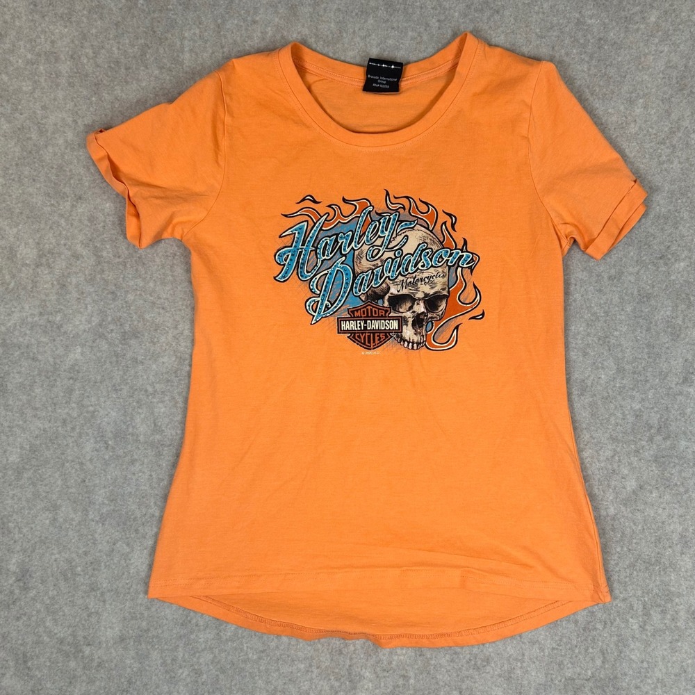 Harley Davidson T-Shirt Women Medium Orange Skull Flame Queen City Ohio